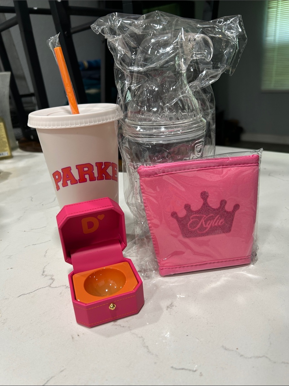 Dunkin’ Donuts bundle of (4) 2 cups Eagle ,PARKE ring box & Kylie koozie